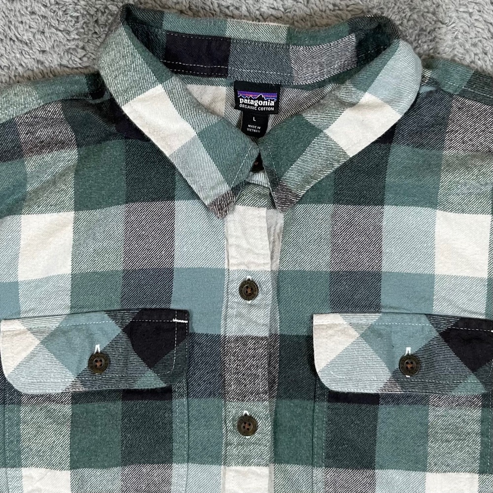 Patagonia Mens Fjord Organic Cotton Flannel Shirt Green Plaid Large L
